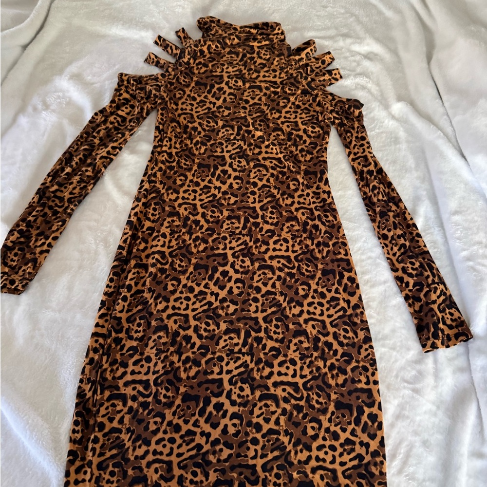 Venus Body Con Strappy Shoulder Cheetah Print Choker Neck Dress XS - Picture 2 of 8